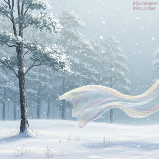 Winterliche Landschaft mit kahlen Bäumen. Ein zartes, fast transparentes Tuch wird vom Wind getragen.