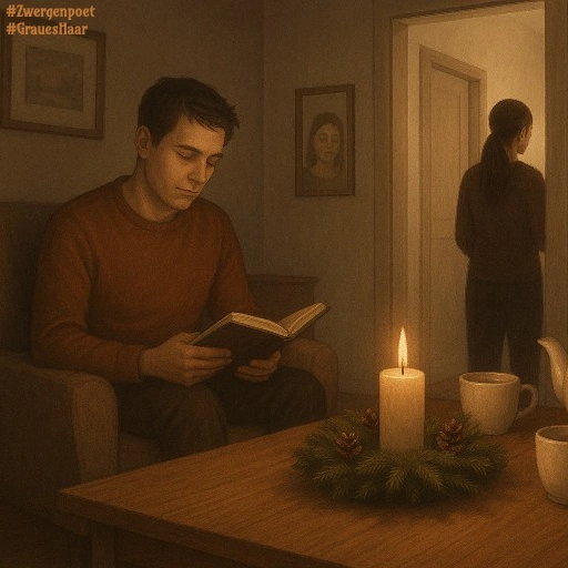 Wohnzimmerszene im Advent. Ein Mann sitzt mit einem Buch im Sessel. Auf dem Tisch stehen eine Teekanne und eine weihnachtlich dekorierte Kerze.