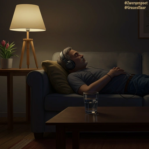 Ein Mann mittleren Alters liegt entspannt mit geschlossenen Augen auf einem Sofa. Er trägt Kopfhörer und wirkt müde, aber zufrieden.