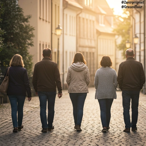 Eine Gruppe von fünf erwachsenen Menschen geht gemeinsam eine gepflasterte Straße in einer Stadt entlang.