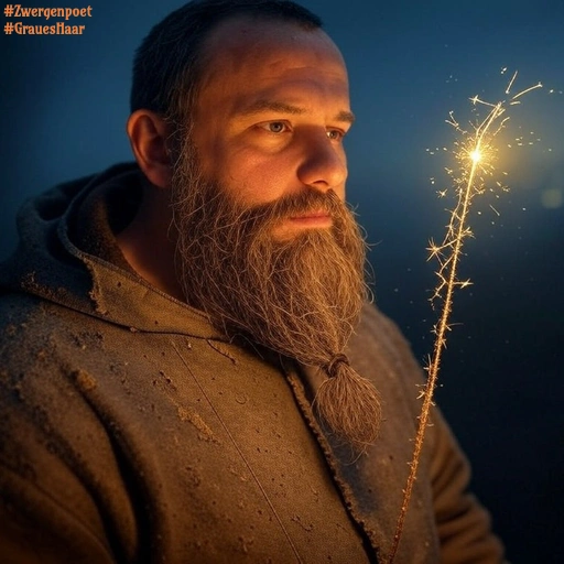 Ein bärtiger Mann im Hoodie hält im Dunkeln eine brennende Wunderkerze in der Hand, die er nachdenklich betrachtet.
