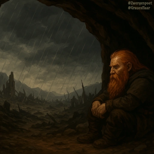 Ein rotbärtiger Zwerg sitzt nachdenklich in einer Felsh&ouml;hle. Draußen regnet es &uuml;ber einer zerst&ouml;rten Landschaft mit verkohlten Baumst&uuml;mpfen und dunklen Bergen im Hintergrund.
