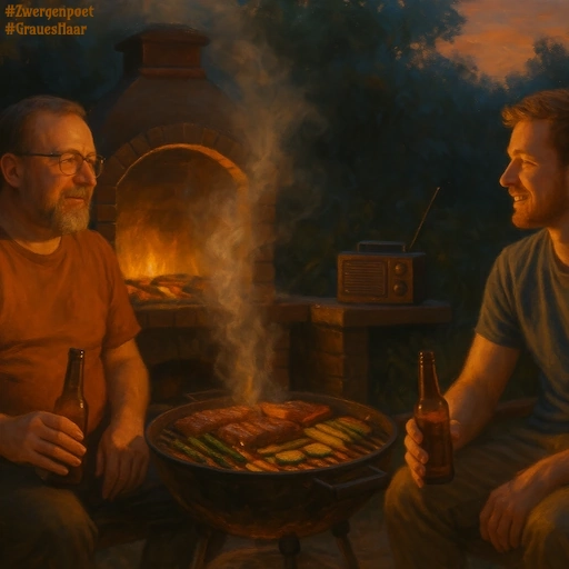 Ein j&uuml;ngerer und ein &auml;lterer Mann sitzen gemeinsam an einem Grill mit Fleisch und Gem&uuml;se, trinken Bier und unterhalten sich vor einem gemauerten Gartenkamin, w&auml;hrend im Hintergrund ein Radio spielt.