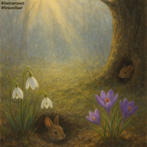 Auf einer sonnigen Waldlichtung bl&uuml;hen Schneegl&ouml;ckchen und violette Krokusse. Ein Kaninchen und eine Haselmaus blicken neugierig aus ihren Wohnh&ouml;hlen hervor.
