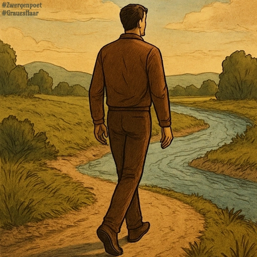 Ein Mann geht einen gewundenen Weg entlang eines Flusses durch eine ruhige Landschaft.