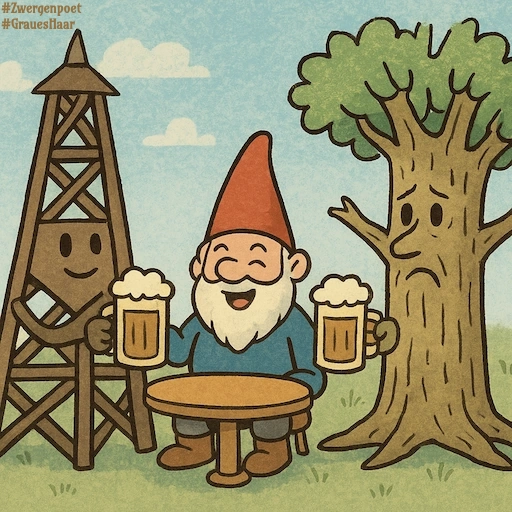 Ein fr&ouml;hlicher Zwerg sitzt zwischen einem l&auml;chelnden Bohrturm und einem alten Baum. Zum Feierabend heben sie gemeinsam ihre Bierkr&uuml;ge.