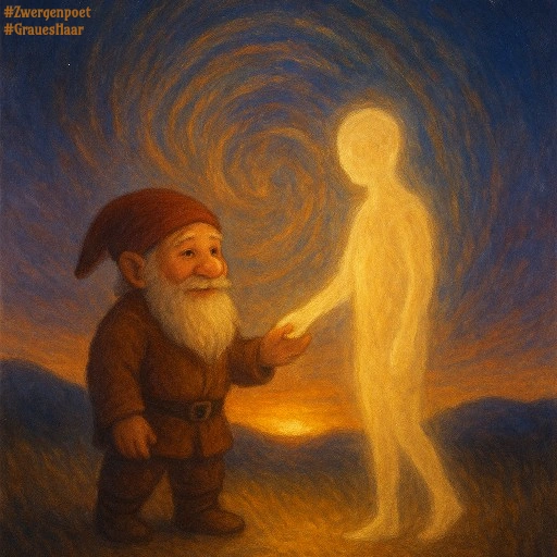 Ein weißb&auml;rtiger Zwerg reicht einer leuchtenden menschlichen Gestalt die Hand, w&auml;hrend beide vor einem wirbelnden Abendhimmel stehen.