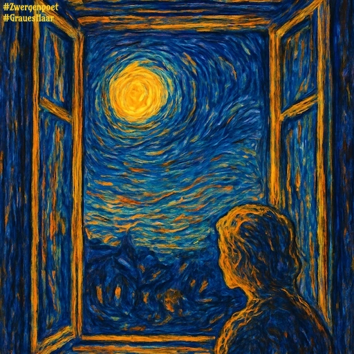 Ein Bild im Stil Vincent van Goghs. Eine Person blickt durch ein ge&ouml;ffnetes Fenster auf einen leuchtenden Vollmond und einen wirbelnden Nachthimmel.