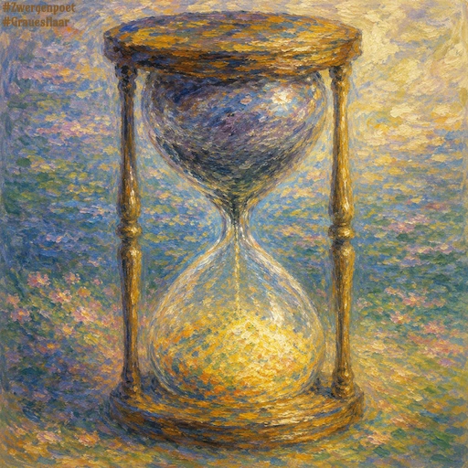 Eine impressionistisch gemalte Sanduhr mit dunklem oberen und hellem unteren Glaskolben vor einem farbenreichen Hintergrund im Stil Claude Monets.