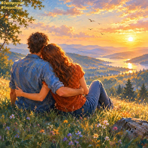 Ein sich umarmendes Paar sitzt auf einer Wiese und blickt &uuml;ber eine sanfte H&uuml;gellandschaft. Das Bild ist im impressionistischen Stil gehalten.
