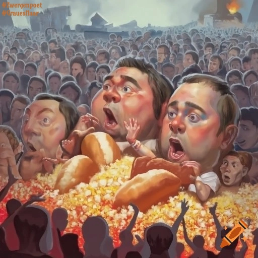 Die Karikatur einer Menschenmenge, die gebannt auf ein unsichtbares Ereignis blickt und dabei Brot isst, als Sinnbild f&uuml;r Ablenkung und Massenunterhaltung.