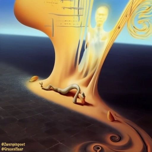 Die surreale Szene mit fließendem Sand, spiralf&ouml;rmigen Wirbeln, einer wurm&auml;hnlichen Gestalt und einem schemenhaften Menschen im Licht steht sinnbildlich für Zeit und Verg&auml;nglichkeit.