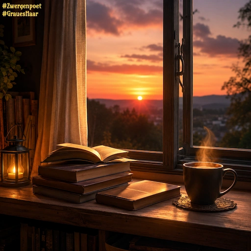 Ein gemütlicher Abend in warmem Licht: Bücher liegen auf einem Tisch neben einer dampfenden Tasse Tee. Durch das Fenster ist ein farbenfroher Sonnenuntergang zu sehen.