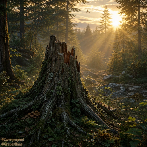 Inmitten eines Waldes steht ein verwitternder Baumstumpf, den die tief stehende Sonne durch das Blätterdach beleuchtet.