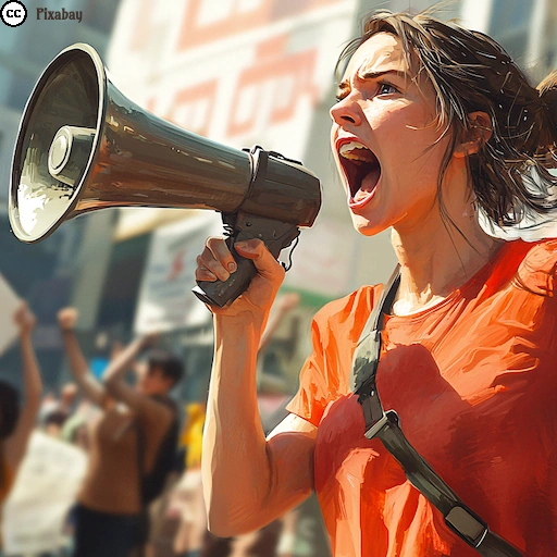 Eine junge Frau ruft mit einem Megafon auf einer Demonstration. Im Hintergrund halten Menschen Schilder in die H&ouml;he.