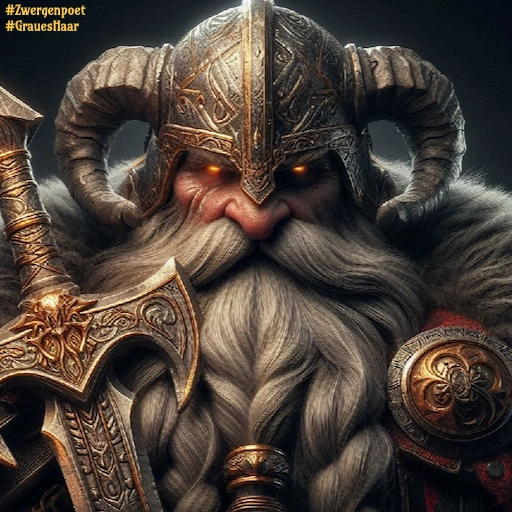 Ein alter Zwerg mit gl&uuml;henden Augen, langem grauen Bart, sowie kunstvoll verziertem Helm und Schwert.