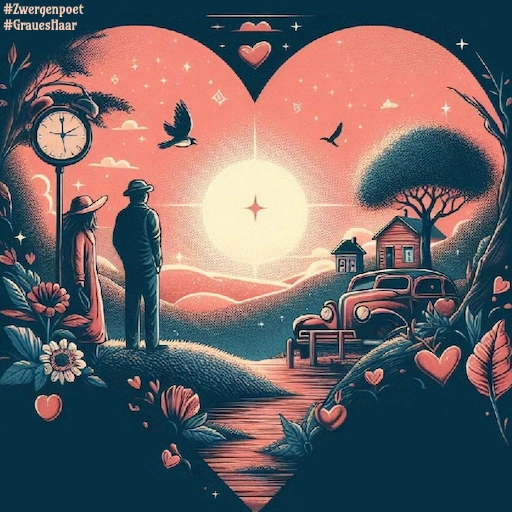 Illustration in Herzform: Ein Paar blickt in einer h&uuml;geligen Landschaft der Sonne entgegen; Vögel, ein Oldtimer und kleine Holzh&auml;user vervollst&auml;ndigen die romantische Szene.