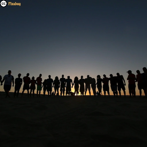 Eine Gruppe von Menschen h&auml;lt sich bei Sonnenuntergang an den H&auml;nden und symbolisiert Freundschaft und Zusammenhalt. Die Personen sind nur als Silhouetten zu erkennen.