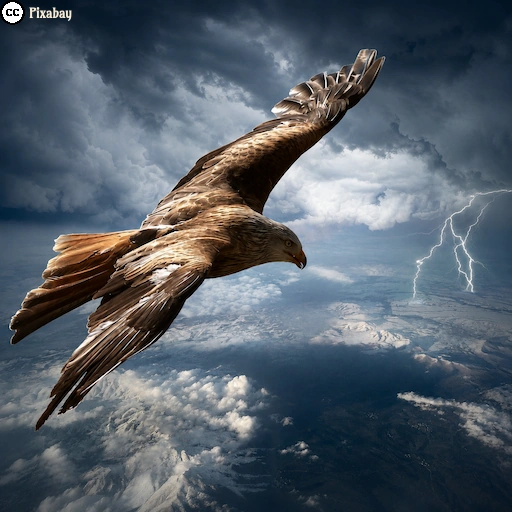 Ein Adler fliegt durch ein Gewitter über den Wolken, während Blitze den Himmel durchziehen.