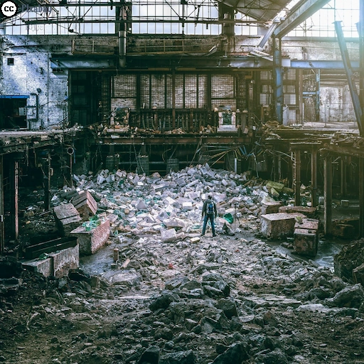 Verfallene Industriehalle mit Schutt und Trümmern, in deren Mitte eine einzelne Person steht.
