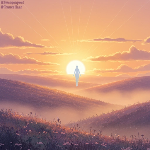 Sanfte Hügellandschaft mit aufsteigendem Nebel im Sonnenaufgang. Vor der aufgehenden Sonne schwebt eine menschliche Silhouette.