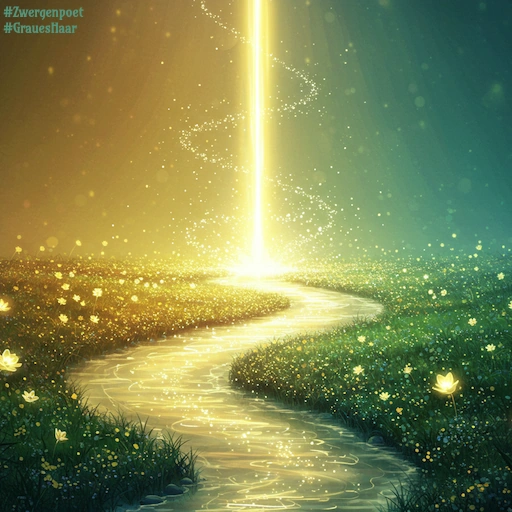 Ein schmaler, leuchtender Fluss schlängelt sich durch eine Wiese voller heller Blüten. Am Horizont ragt eine Säule aus Licht in den Himmel.