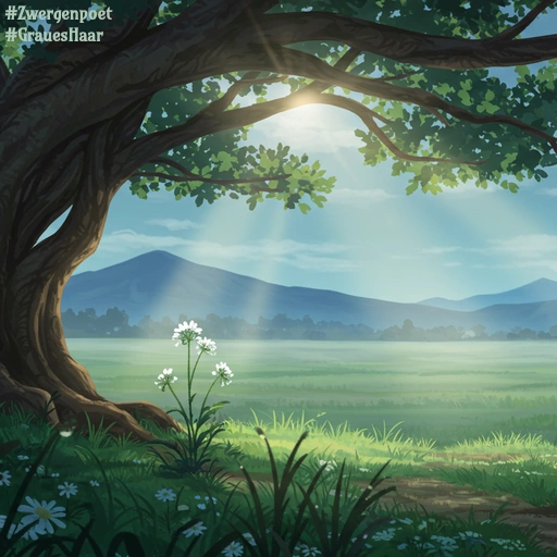 Eine idyllische Landschaft mit weitem Horizont und fernen Bergen. Im Vordergrund fällt ein einzelner Sonnenstrahl durch die Äste eines Baumes und beleuchtet ein kleines Detail – eine zarte Blume mit Tautropfen am Wegesrand.