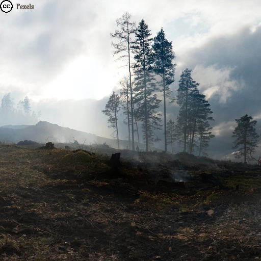 Verkohlter Waldboden mit Baumstümpfen und einzelnen stehengebliebenen Bäumen unter einem rauchverhangenen Himmel.