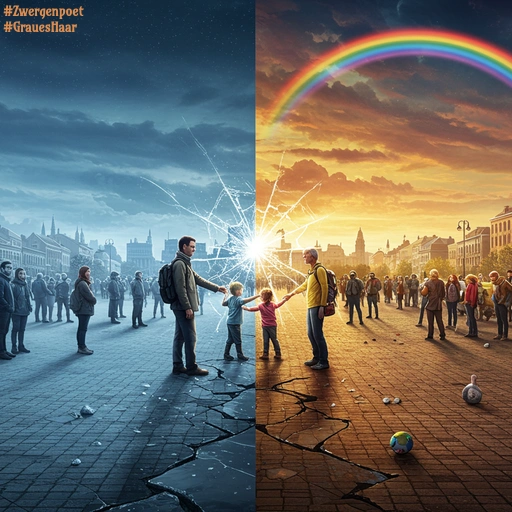 Ein großer Platz ist in zwei Hälften geteilt. Kalten Blau- und Grautönen stehen farbenfrohe Menschen und ein Regenbogen gegenüber.
