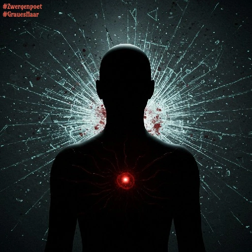 Eine dunkle menschliche Silhouette steht vor einem schwarzen Hintergrund. In ihrer Brust glüht ein roter Lichtpunkt, während hinter ihr eine blutrote Wunde im Rücken und zersplitterndes Glas sichtbar werden.