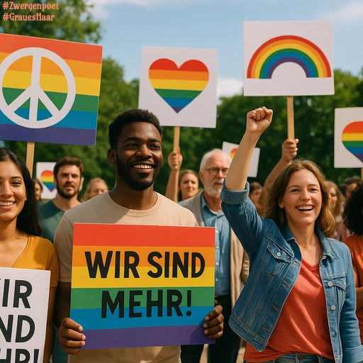 Eine friedliche Demonstration. Unterschiedlichste Menschen halten Plakate und Banner mit Regenbogen- und Friedenssymbolik empor.