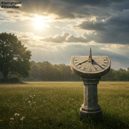 Spätsommerlandschaft. Die Sonne und schwere Regenwolken stehen am Himmel, Regen fällt. Im Zentrum steht eine alte steinerne Sonnenuhr auf einer Wiese, deren Zeiger mehrere Schatten werfen.