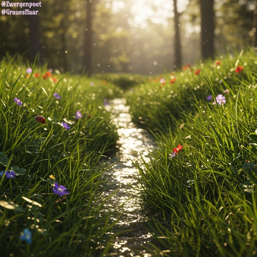 Eine sonnenbeschienene Waldlichtung im Frühling mit einem glitzernden Bach. Frühlingsblumen zieren das saftig grüne Gras, durch das ein Marienkäfer klettert.