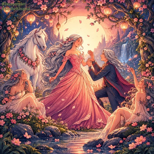 Eine Frau in einem rosafarbenen Kleid und ein Mann begegnen sich an einem Bach in einer märchenhaften Frühlingslandschaft. Ein weißes Pferd und zwei Nymphen umgeben das Paar unter blühenden Bäumen und warmem Abendlicht.