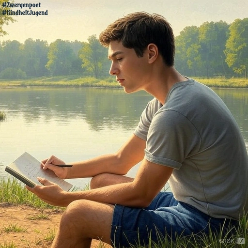Ein Jugendlicher sitzt in T-Shirt und kurzer Hose mit Schreibblock und Stift am Ufer eines ruhigen Sees und blickt auf seine Notizen.