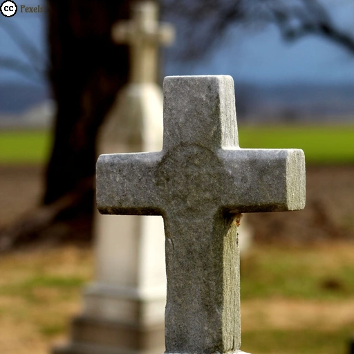 Ein einfaches, leicht verwittertes Grabkreuz aus Stein steht auf einem Friedhof. Im unscharfen Hintergrund sind ein weiteres Grabmal und ein kahler Baum zu erkennen.