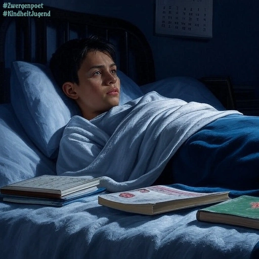Ein Jugendlicher liegt nachts wach im Bett und blickt nachdenklich zur Zimmerdecke. Auf der Bettdecke neben ihm liegen mehrere Bücher.