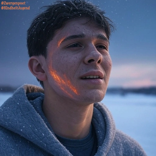 Ein dunkelhaariger Jugendlicher im grauen Hoodie steht in einer winterlichen Landschaft. Auf seiner rechten Gesichtshälfte leuchtet es feurig.