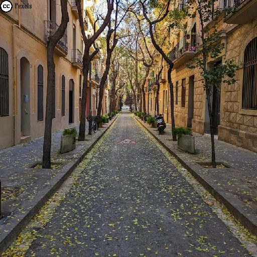Eine schmale, menschenleere Straße in Barcelona, gesäumt von hohen Häusern und herbstlich verfärbten Bäumen, auf der gelbe Blätter liegen.