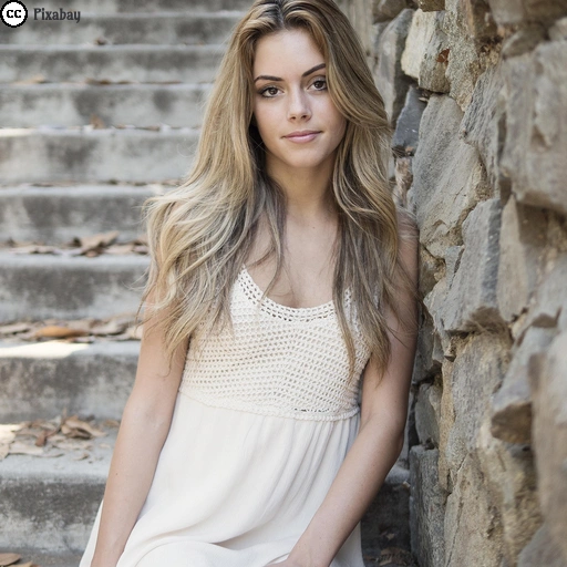 Eine blonde junge Frau in einem hellen Kleid lehnt an einer Bruchsteinwand. Hinter ihr führt eine steinerne Treppe aufwärts.