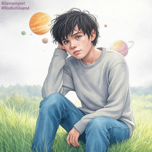 Illustration im Stil eines Aquarells: Ein nachdenklicher Jugendlicher sitzt auf einer Wiese im Gras und stützt seinen Kopf auf die Hand. Über ihm schweben mehrere Planeten vor einem hellen Himmel.