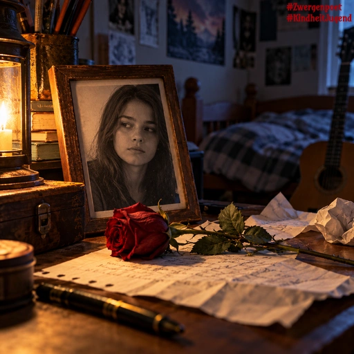 Ein gerahmtes Foto einer jungen Frau steht neben einer roten Rose und handbeschriebenen Blättern auf einem Schreibtisch in einem Jugendzimmer.