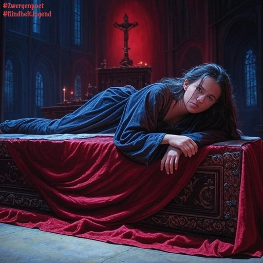 Eine Frau liegt auf einem mit einem roten Tuch bedeckten Altar in einem sakral anmutenden Gemäuer.