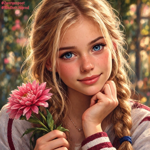 Ein blondes Mädchen mit blauen Augen und geflochtenem Zopf hält eine rosa Blume in der Hand und lächelt den Betrachter an.
