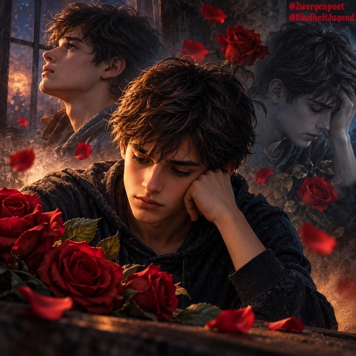 Eine Collage zeigt einen nachdenklichen jungen Mann in verschiedenen Posen, umgeben von roten Rosen.