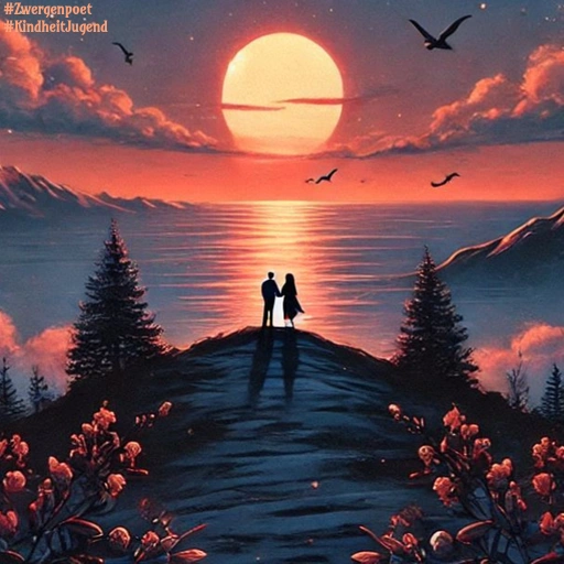Ein Paar steht auf einer Klippe über dem Meer und blickt gemeinsam auf einen leuchtenden Sonnenuntergang. Vögel kreisen über dem Wasser, während sich das Licht auf der ruhigen Meeresoberfläche spiegelt.