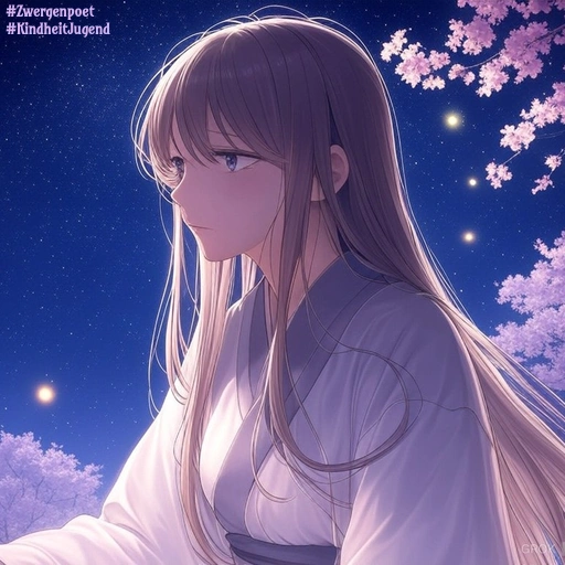 Diese Illustration im Manga-Stil zeigt eine junge Frau mit langen blonden Haaren, die einen hellen Kimono trägt. Sie sitzt unter einem nächtlichen Sternenhimmel zwischen blühenden Kirschbäumen.