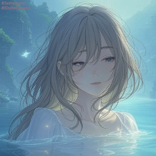 Die Illustration im Manga-Stil zeigt ein nachdenkliches, blondes Mädchen, das in einem klaren Bergsee badet. Neblige Berge und sanftes Licht verleihen der Szene eine verträumte Stimmung.