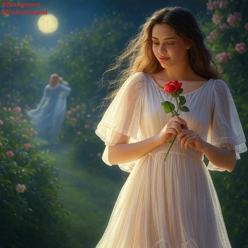 Die junge Frau im Vordergrund trägt ein weißes Kleid und blickt auf eine rote Rose, die sie in den Händen hält. Sie steht in einem Rosengarten, über dem der Vollmond scheint.