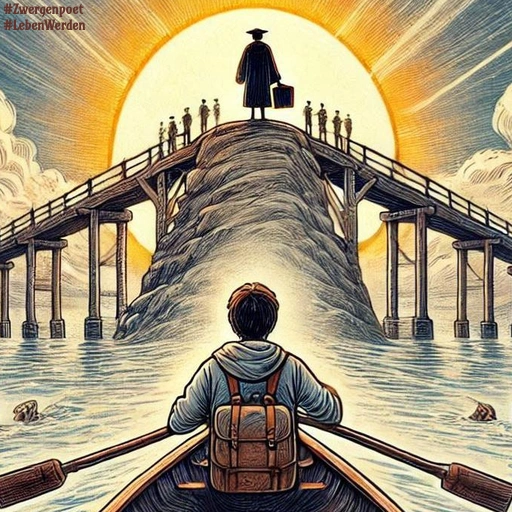 In einem Ruderboot sitzt ein Schüler und steuert auf eine Klippe zu. Dort steht im Gegenlicht der Sonne eine große Person mit einer Tasche, daneben weitere Menschen. Von beiden Seiten führen Brücken zu ihr hinauf.